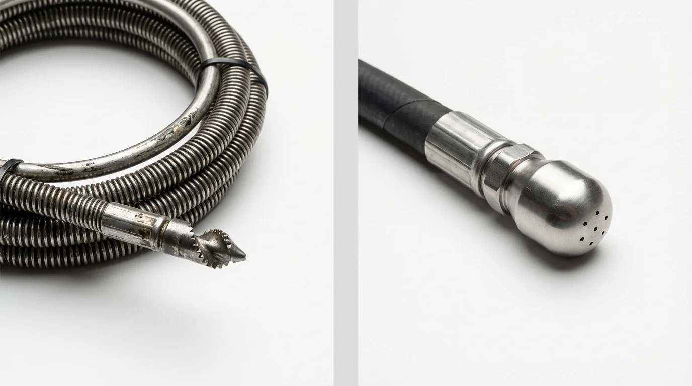 Drain snake cable and hydro jetting nozzle used for drain cleaning in Green Forest, AR