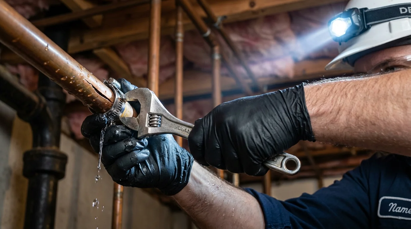 Emergency pipe clamp repair being performed by a Johns Plumbing LLC plumber in Green Forest