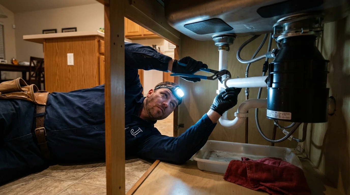 P-trap and supply line connections under a kitchen sink showing a common leak point in Green Forest, AR
